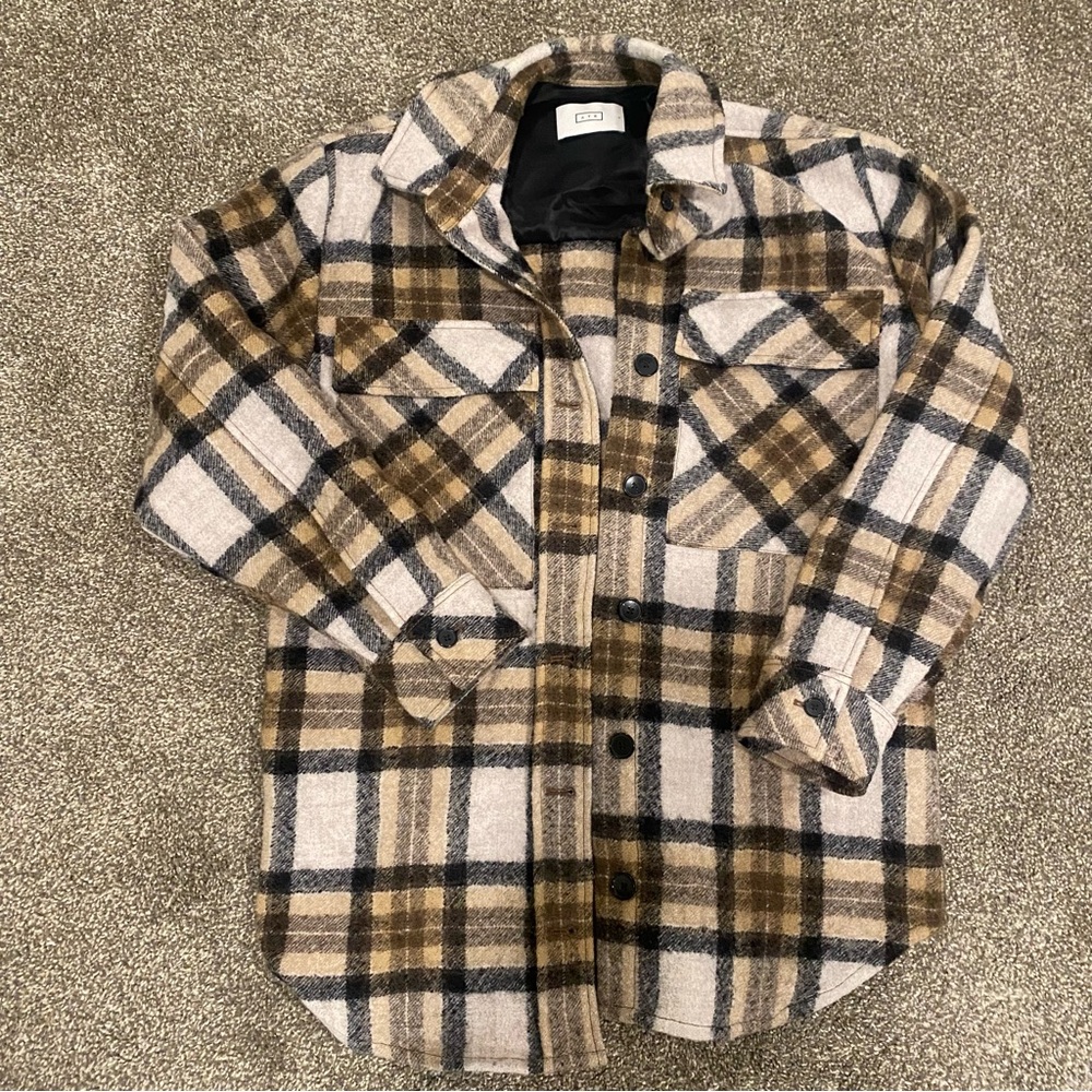 AYR Big Mood 100% Wool Womens Shacket Oversized Brown Neutral Plaid Button Small